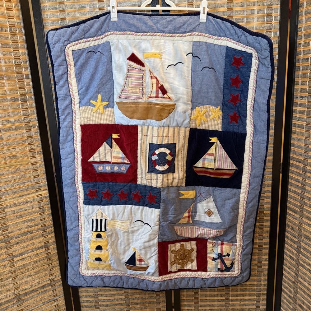 Patch Magic Nautical Sailboat Lighthouse Appliqué Crib Quilt Kids Blue Vintage
